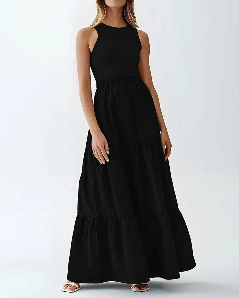 BTFBM Women Sleeveless Summer Dresses Wedding Guest Maxi Dresses Ribbed Knit Tops and Polyester Skirt with Pockets