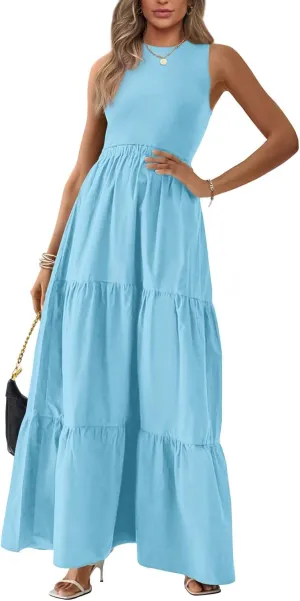 BTFBM Women Sleeveless Summer Dresses Wedding Guest Maxi Dresses Ribbed Knit Tops and Polyester Skirt with Pockets