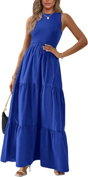 BTFBM Women Sleeveless Summer Dresses Wedding Guest Maxi Dresses Ribbed Knit Tops and Polyester Skirt with Pockets