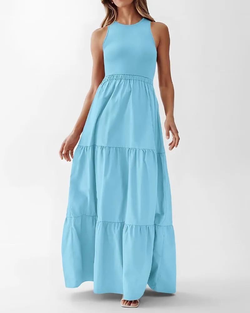 BTFBM Women Sleeveless Summer Dresses Wedding Guest Maxi Dresses Ribbed Knit Tops and Polyester Skirt with Pockets