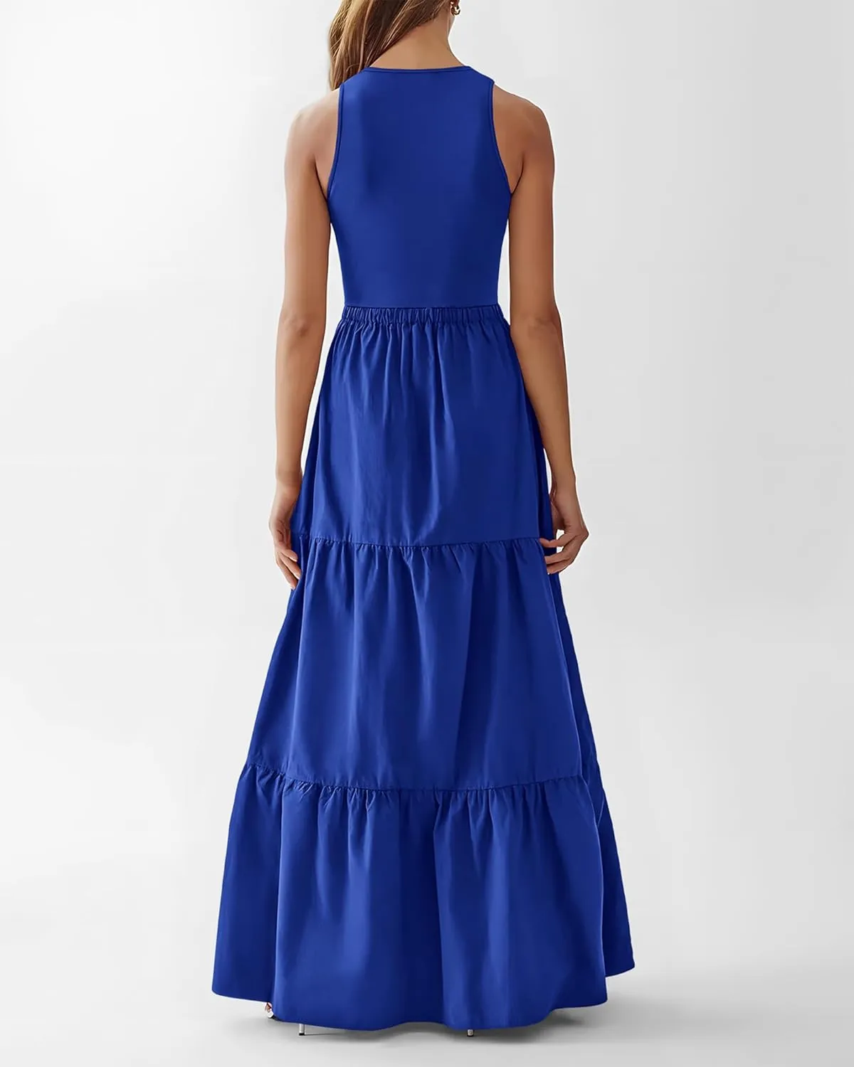 BTFBM Women Sleeveless Summer Dresses Wedding Guest Maxi Dresses Ribbed Knit Tops and Polyester Skirt with Pockets