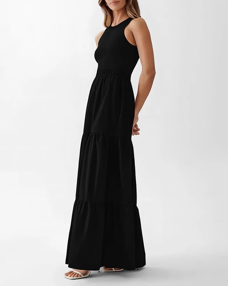 BTFBM Women Sleeveless Summer Dresses Wedding Guest Maxi Dresses Ribbed Knit Tops and Polyester Skirt with Pockets
