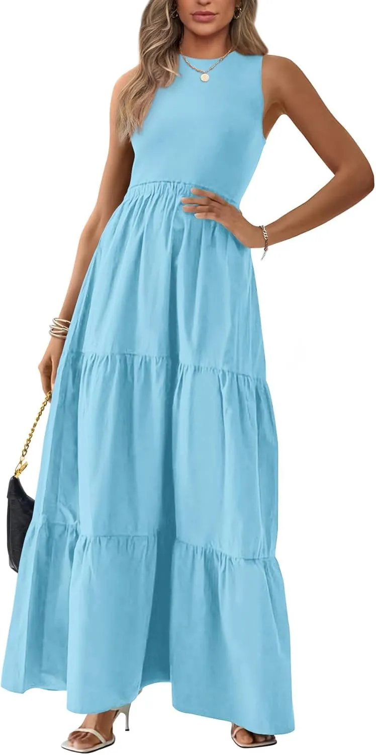BTFBM Women Sleeveless Summer Dresses Wedding Guest Maxi Dresses Ribbed Knit Tops and Polyester Skirt with Pockets