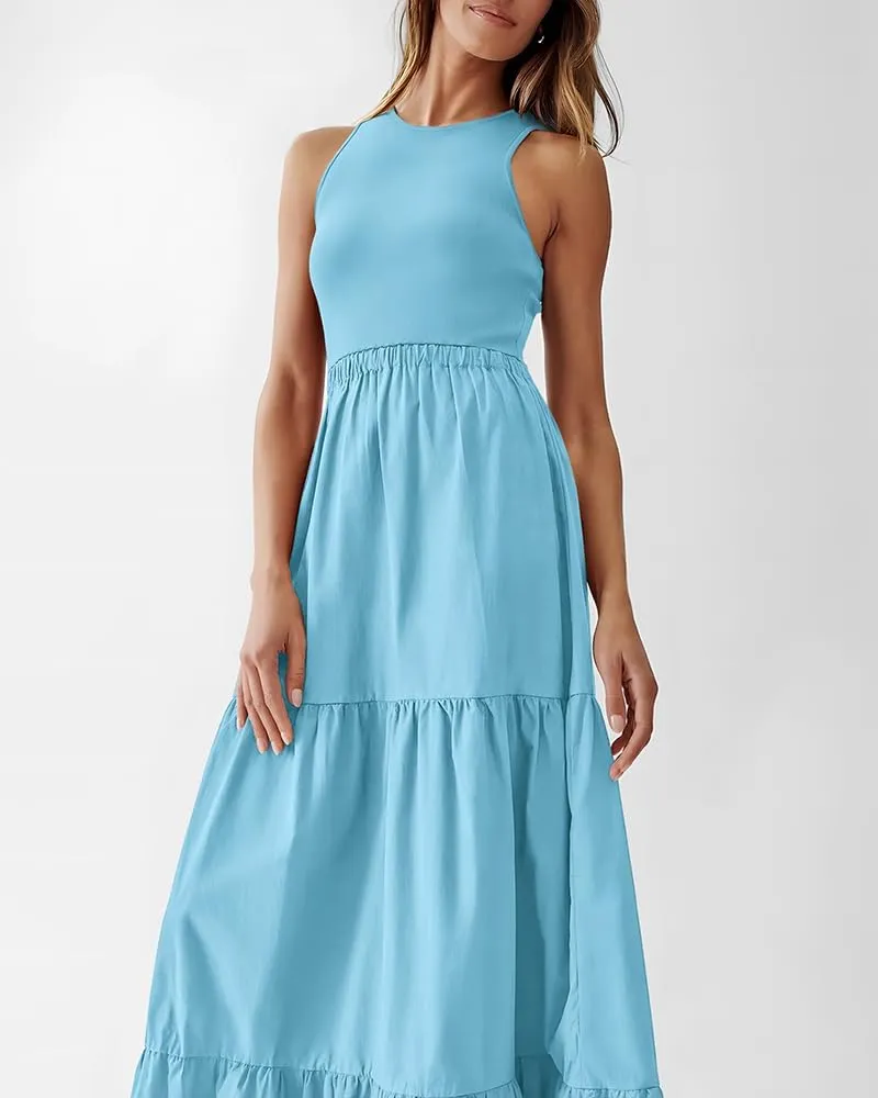 BTFBM Women Sleeveless Summer Dresses Wedding Guest Maxi Dresses Ribbed Knit Tops and Polyester Skirt with Pockets