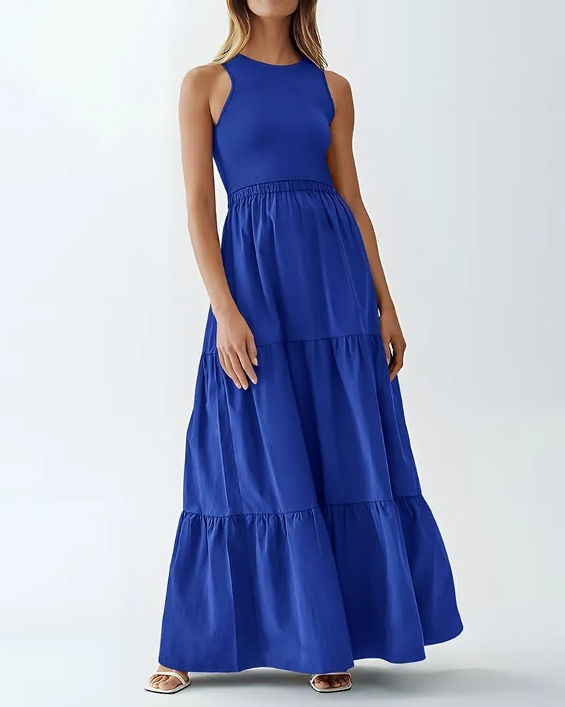 BTFBM Women Sleeveless Summer Dresses Wedding Guest Maxi Dresses Ribbed Knit Tops and Polyester Skirt with Pockets