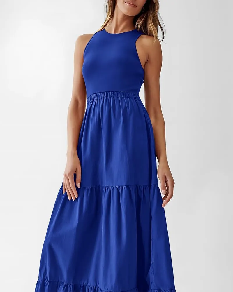 BTFBM Women Sleeveless Summer Dresses Wedding Guest Maxi Dresses Ribbed Knit Tops and Polyester Skirt with Pockets