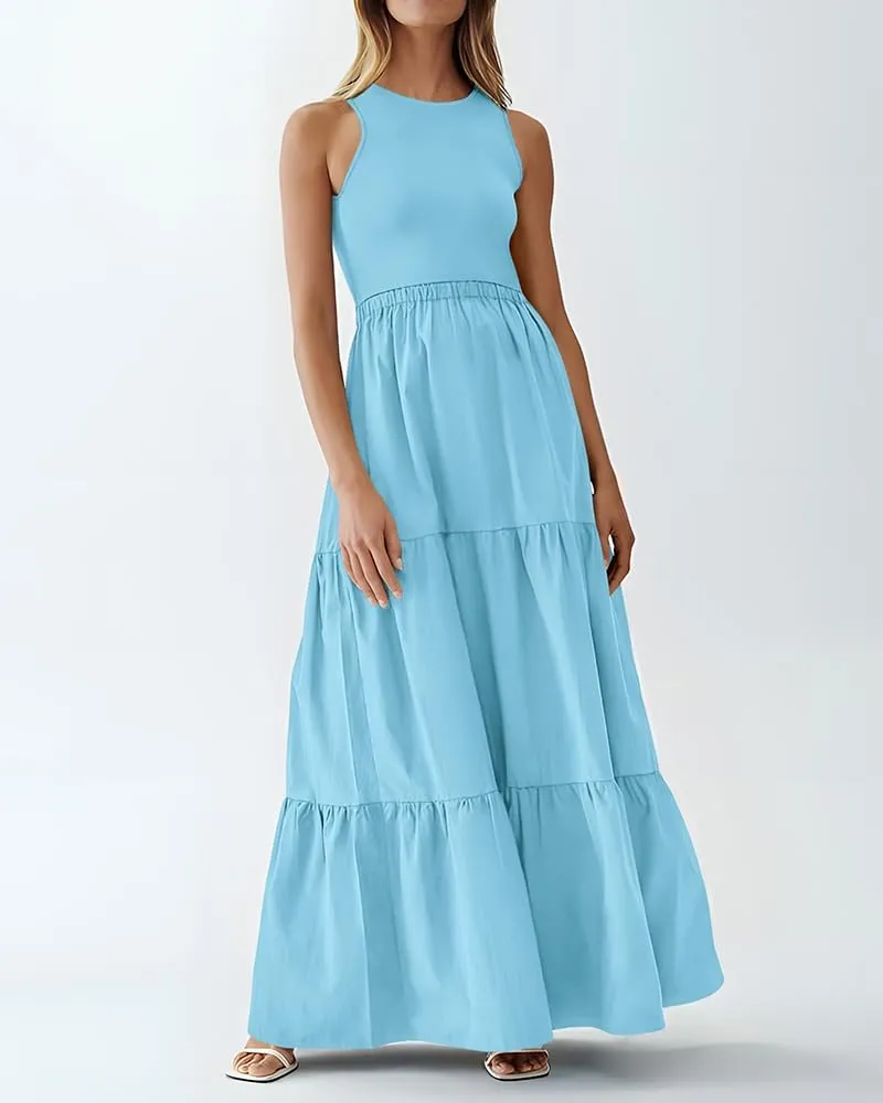 BTFBM Women Sleeveless Summer Dresses Wedding Guest Maxi Dresses Ribbed Knit Tops and Polyester Skirt with Pockets