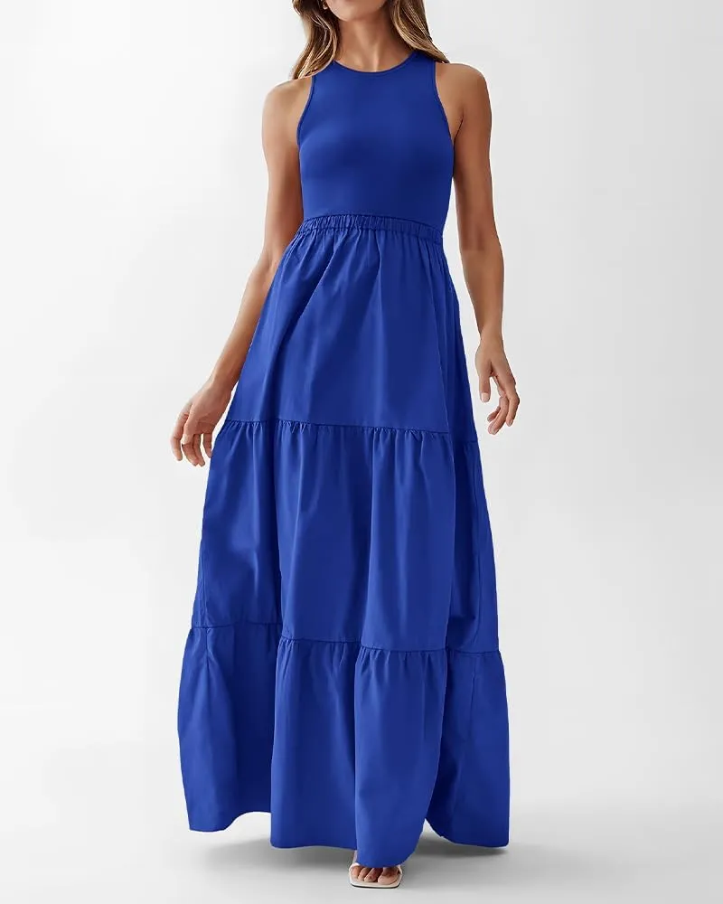 BTFBM Women Sleeveless Summer Dresses Wedding Guest Maxi Dresses Ribbed Knit Tops and Polyester Skirt with Pockets