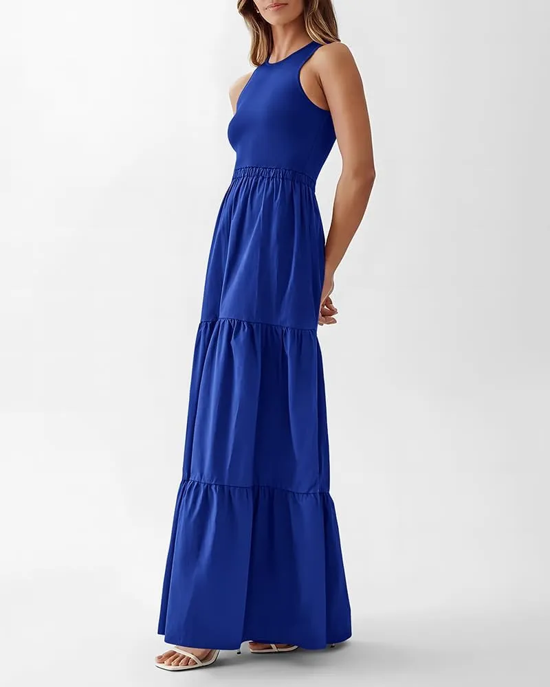 BTFBM Women Sleeveless Summer Dresses Wedding Guest Maxi Dresses Ribbed Knit Tops and Polyester Skirt with Pockets
