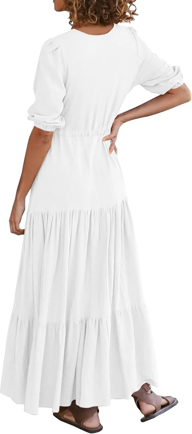 BTFBM Women Summer Dresses Short Sleeves V Neck Button Drawstring Maxi Dresses Solid Color Boho Long Dresses