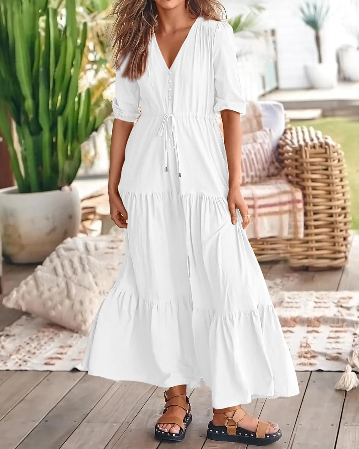 BTFBM Women Summer Dresses Short Sleeves V Neck Button Drawstring Maxi Dresses Solid Color Boho Long Dresses