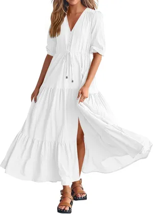 BTFBM Women Summer Dresses Short Sleeves V Neck Button Drawstring Maxi Dresses Solid Color Boho Long Dresses