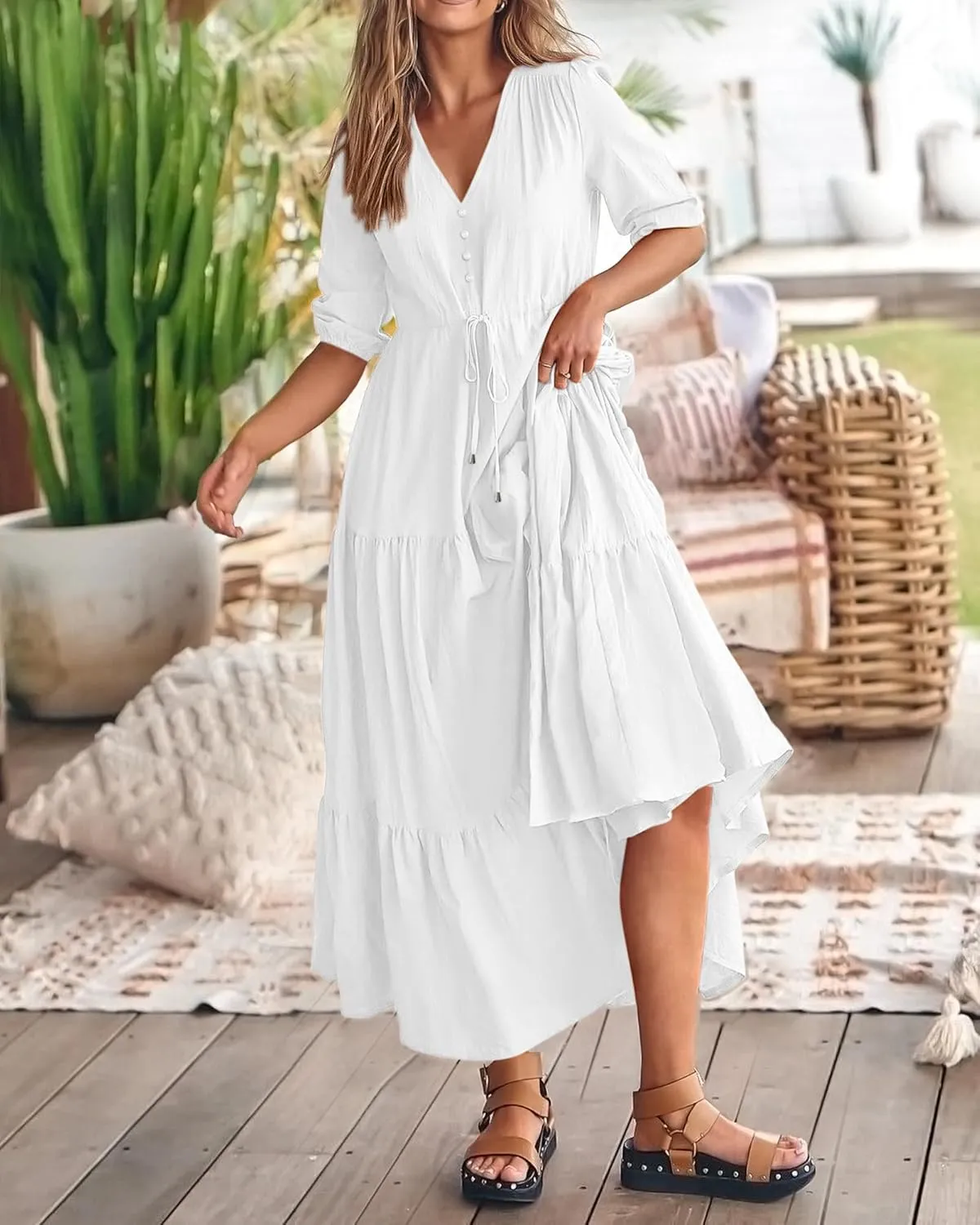 BTFBM Women Summer Dresses Short Sleeves V Neck Button Drawstring Maxi Dresses Solid Color Boho Long Dresses