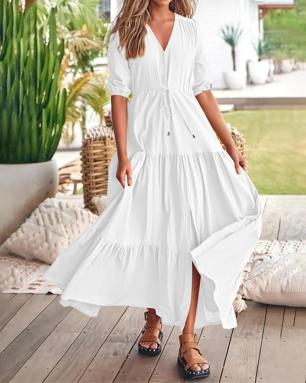 BTFBM Women Summer Dresses Short Sleeves V Neck Button Drawstring Maxi Dresses Solid Color Boho Long Dresses