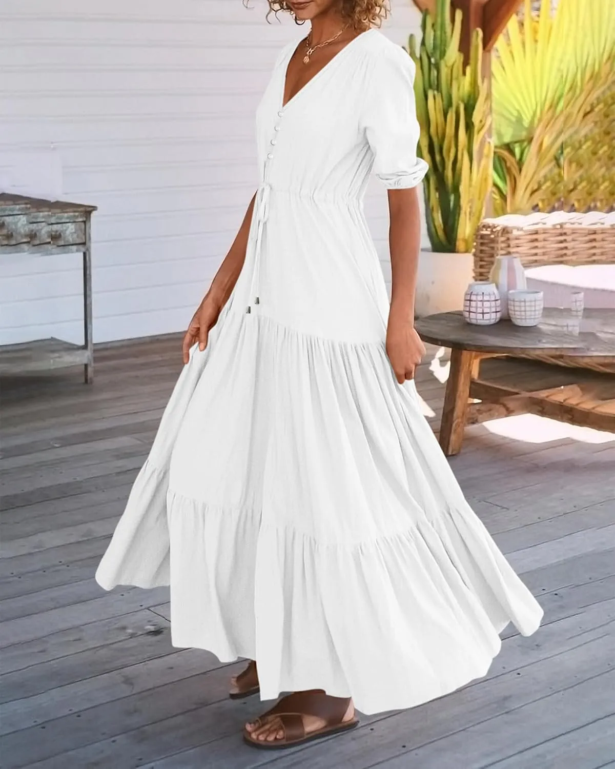 BTFBM Women Summer Dresses Short Sleeves V Neck Button Drawstring Maxi Dresses Solid Color Boho Long Dresses