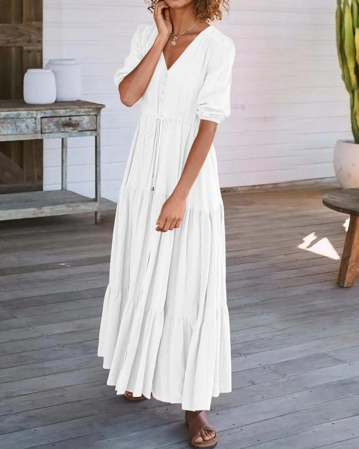 BTFBM Women Summer Dresses Short Sleeves V Neck Button Drawstring Maxi Dresses Solid Color Boho Long Dresses