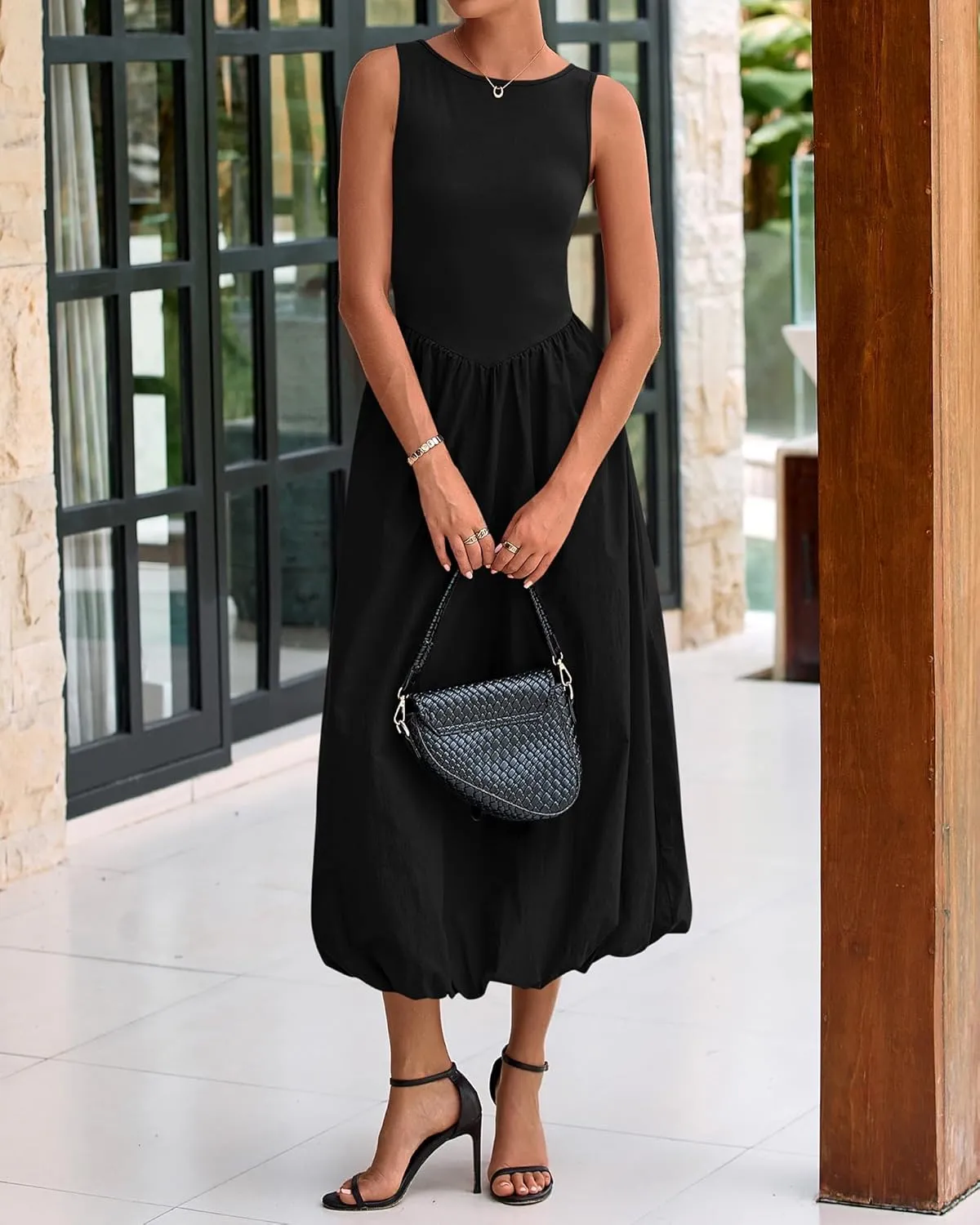 BTFBM Women's 2025 Summer Casual Sleeveless Midi Dress Patchwork Knit Tank Bubble Long Flowy Beach Maxi Sundress Pockets