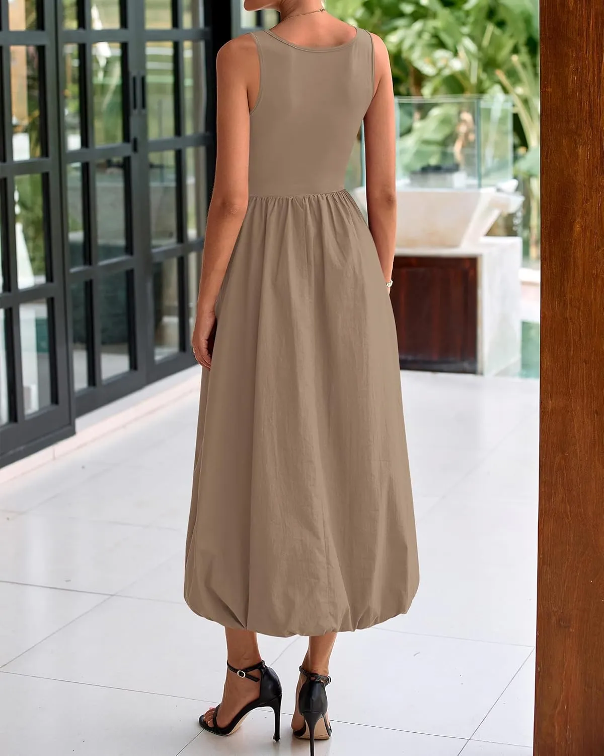 BTFBM Women's 2025 Summer Casual Sleeveless Midi Dress Patchwork Knit Tank Bubble Long Flowy Beach Maxi Sundress Pockets