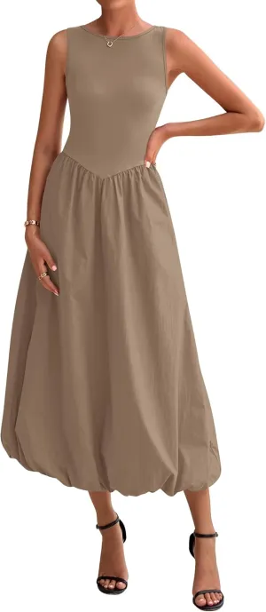 BTFBM Women's 2025 Summer Casual Sleeveless Midi Dress Patchwork Knit Tank Bubble Long Flowy Beach Maxi Sundress Pockets
