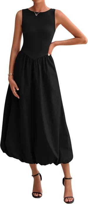 BTFBM Women's 2025 Summer Casual Sleeveless Midi Dress Patchwork Knit Tank Bubble Long Flowy Beach Maxi Sundress Pockets