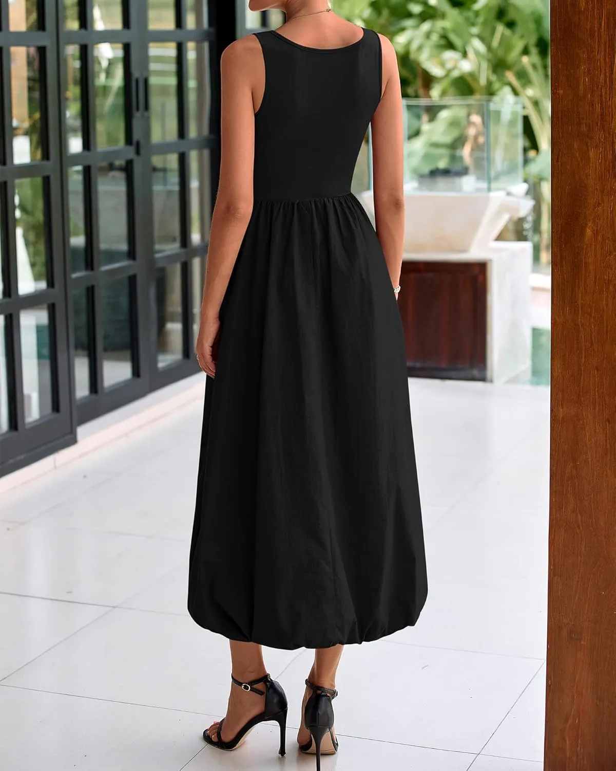 BTFBM Women's 2025 Summer Casual Sleeveless Midi Dress Patchwork Knit Tank Bubble Long Flowy Beach Maxi Sundress Pockets