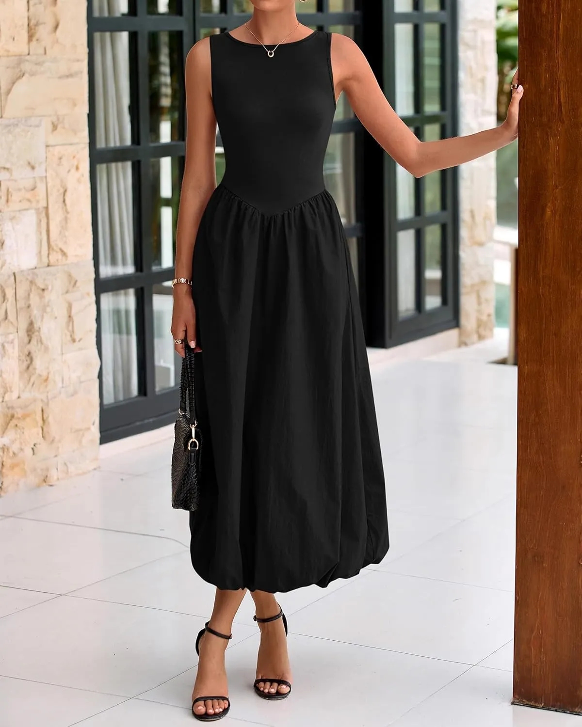 BTFBM Women's 2025 Summer Casual Sleeveless Midi Dress Patchwork Knit Tank Bubble Long Flowy Beach Maxi Sundress Pockets