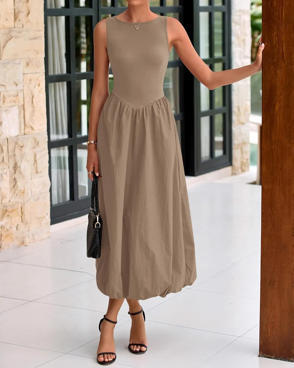 BTFBM Women's 2025 Summer Casual Sleeveless Midi Dress Patchwork Knit Tank Bubble Long Flowy Beach Maxi Sundress Pockets
