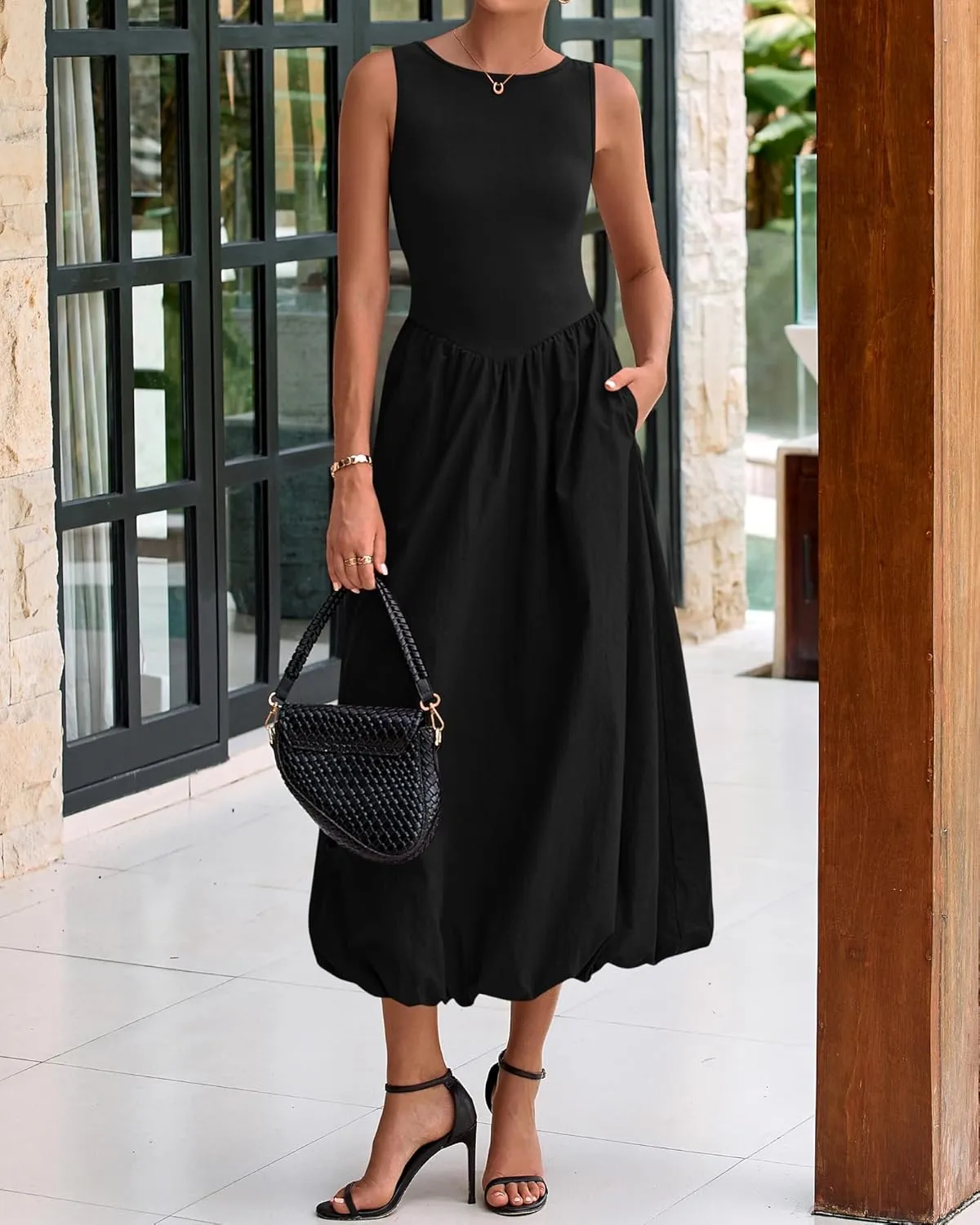 BTFBM Women's 2025 Summer Casual Sleeveless Midi Dress Patchwork Knit Tank Bubble Long Flowy Beach Maxi Sundress Pockets