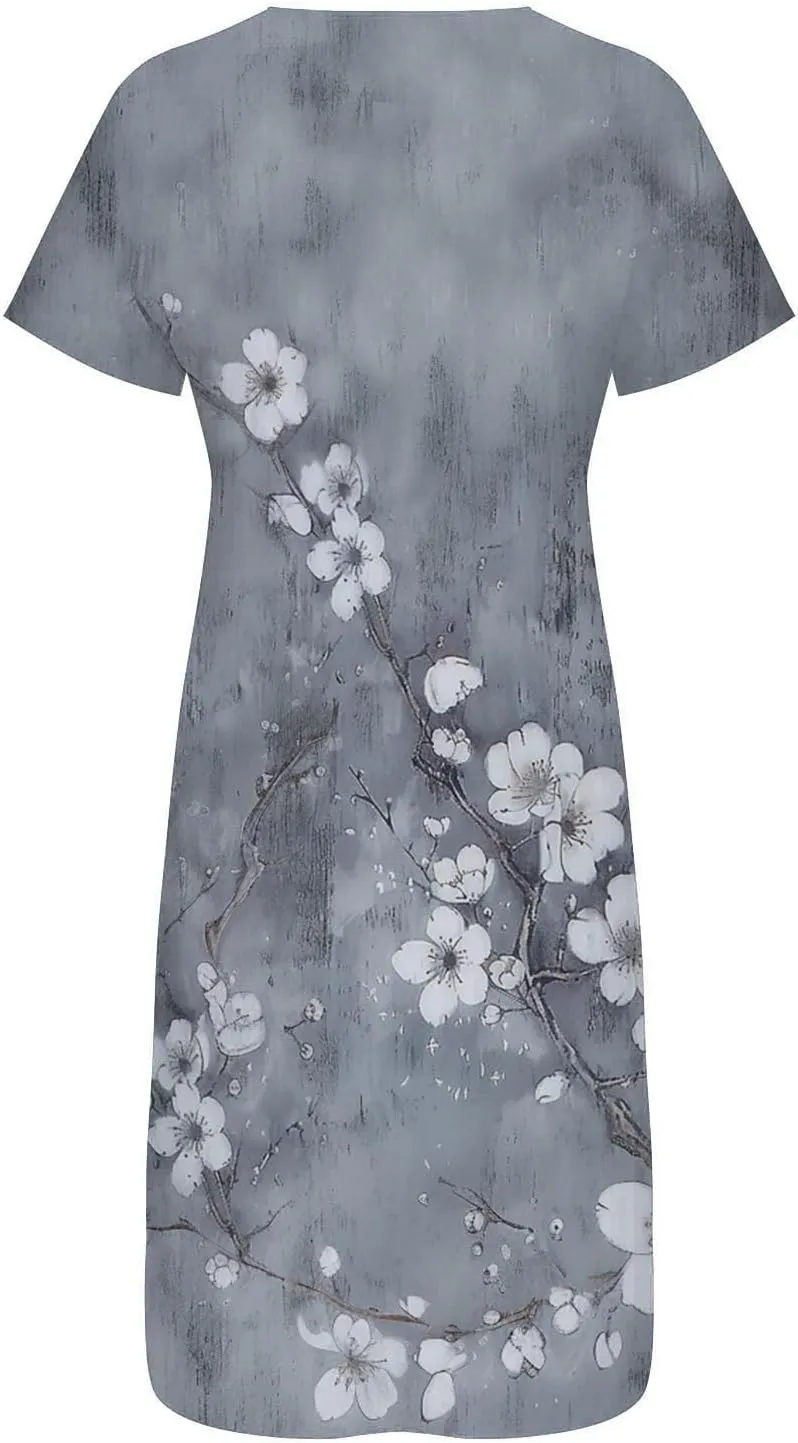 Casual Boho Dresses for Women 2025 Summer Retro Print Midi Tshirt Dress Loose Flowy Beach Long Dresses with Pockets