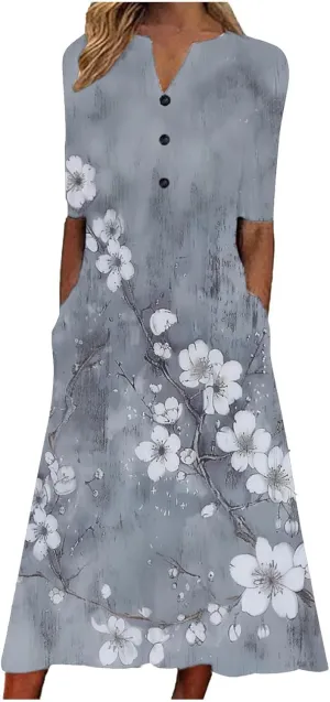 Casual Boho Dresses for Women 2025 Summer Retro Print Midi Tshirt Dress Loose Flowy Beach Long Dresses with Pockets