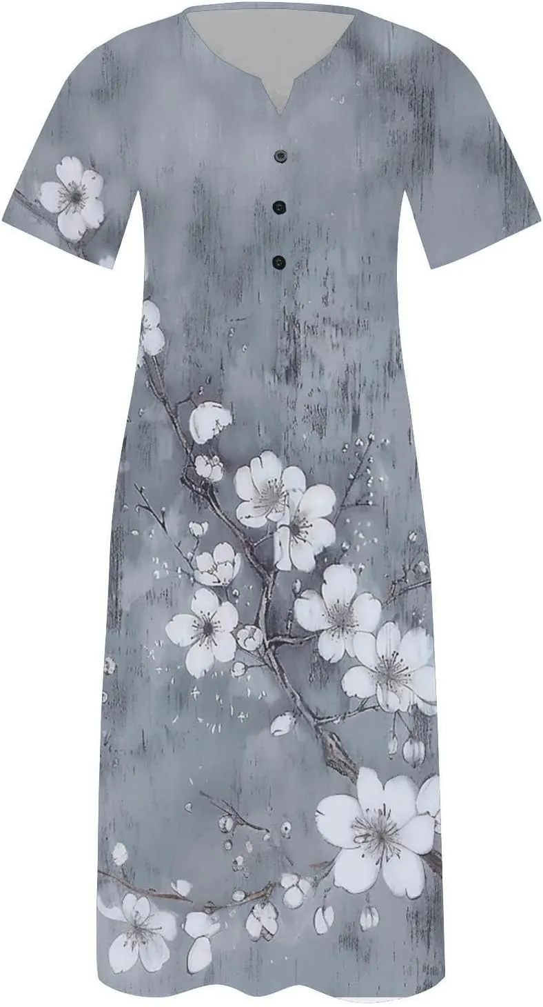 Casual Boho Dresses for Women 2025 Summer Retro Print Midi Tshirt Dress Loose Flowy Beach Long Dresses with Pockets