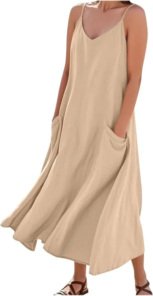 Casual Dresses for Women Flowy Casual Cami Dress Beach Vacation Sleeveless Long Sundresses with Pockets
