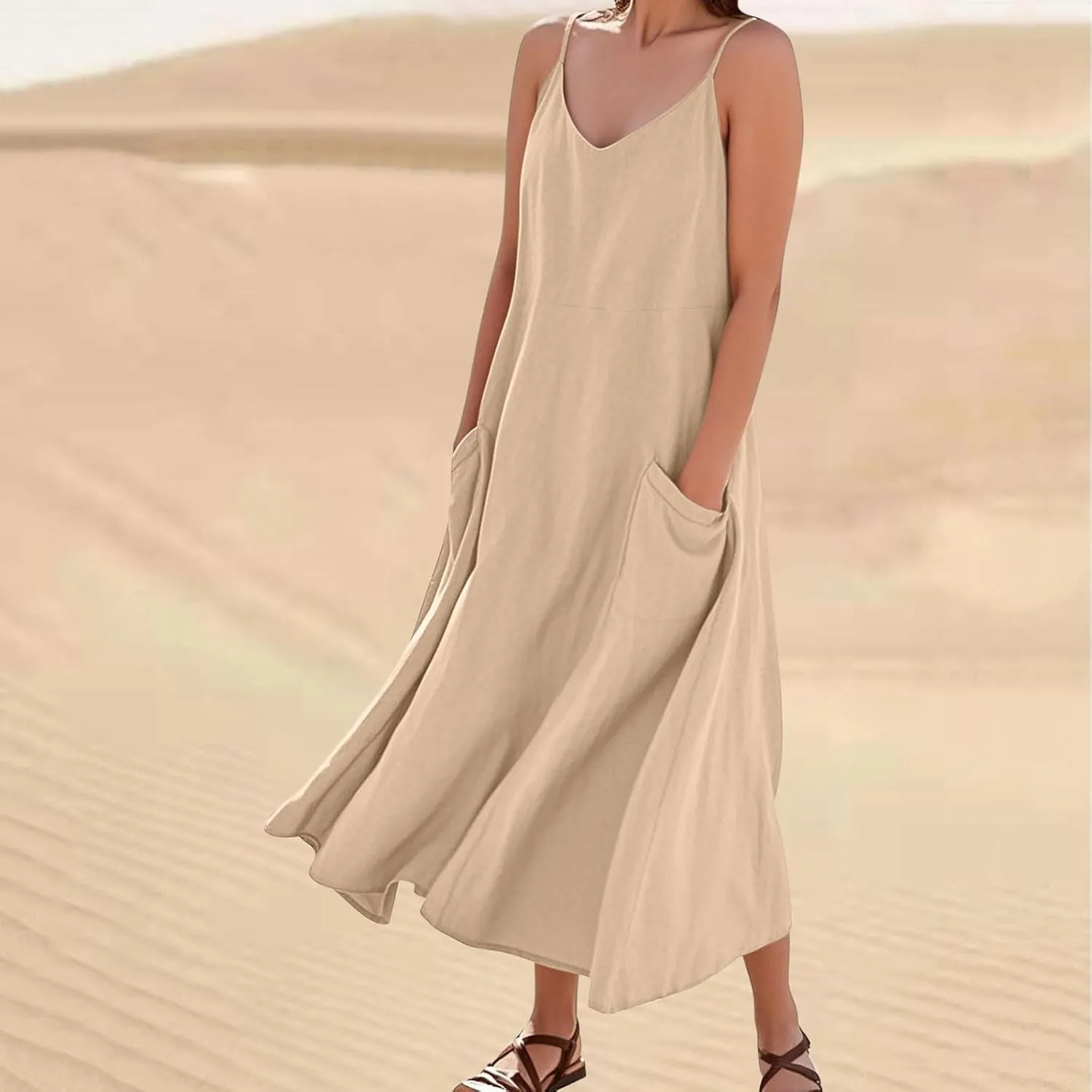 Casual Dresses for Women Flowy Casual Cami Dress Beach Vacation Sleeveless Long Sundresses with Pockets
