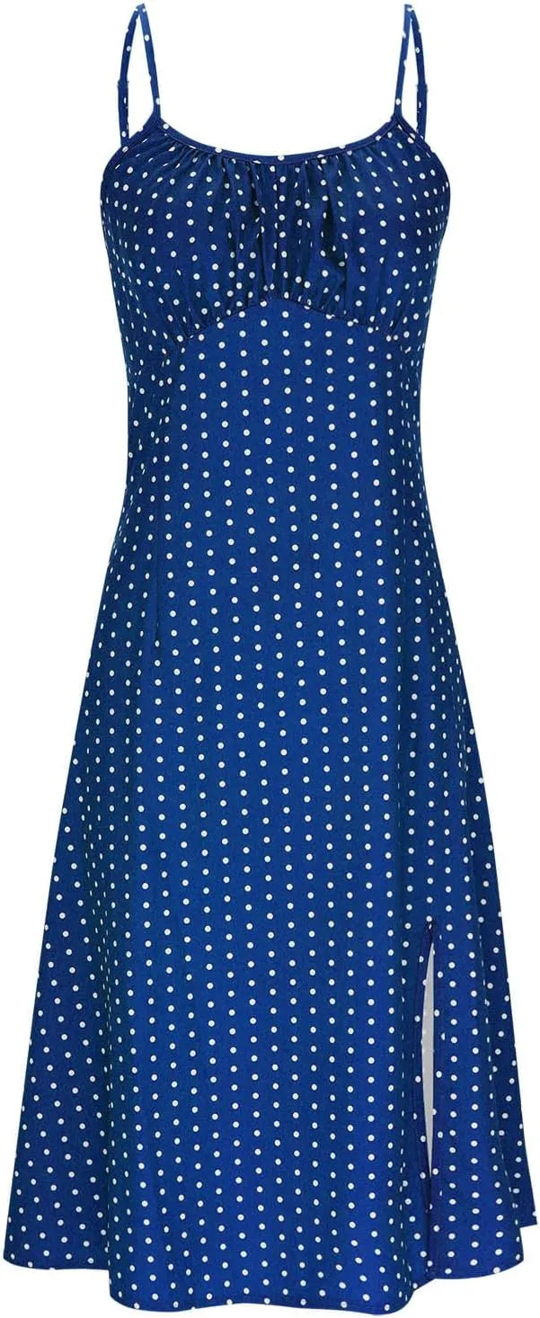 Casual Dresses for Women Summer Boho Spaghetti Strap Midi Dress Polka Dot Smocked Sleeveless Side Slit Sexy Sundress