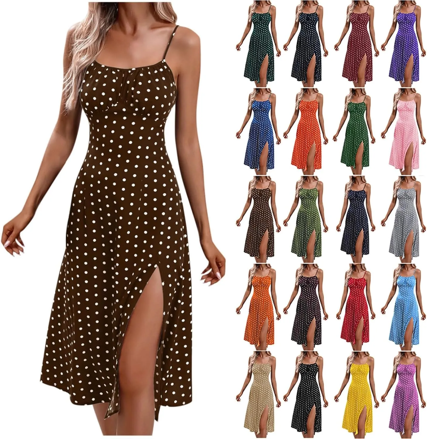 Casual Dresses for Women Summer Boho Spaghetti Strap Midi Dress Polka Dot Smocked Sleeveless Side Slit Sexy Sundress