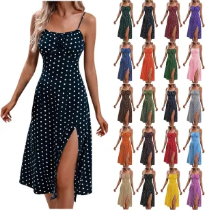 Casual Dresses for Women Summer Boho Spaghetti Strap Midi Dress Polka Dot Smocked Sleeveless Side Slit Sexy Sundress