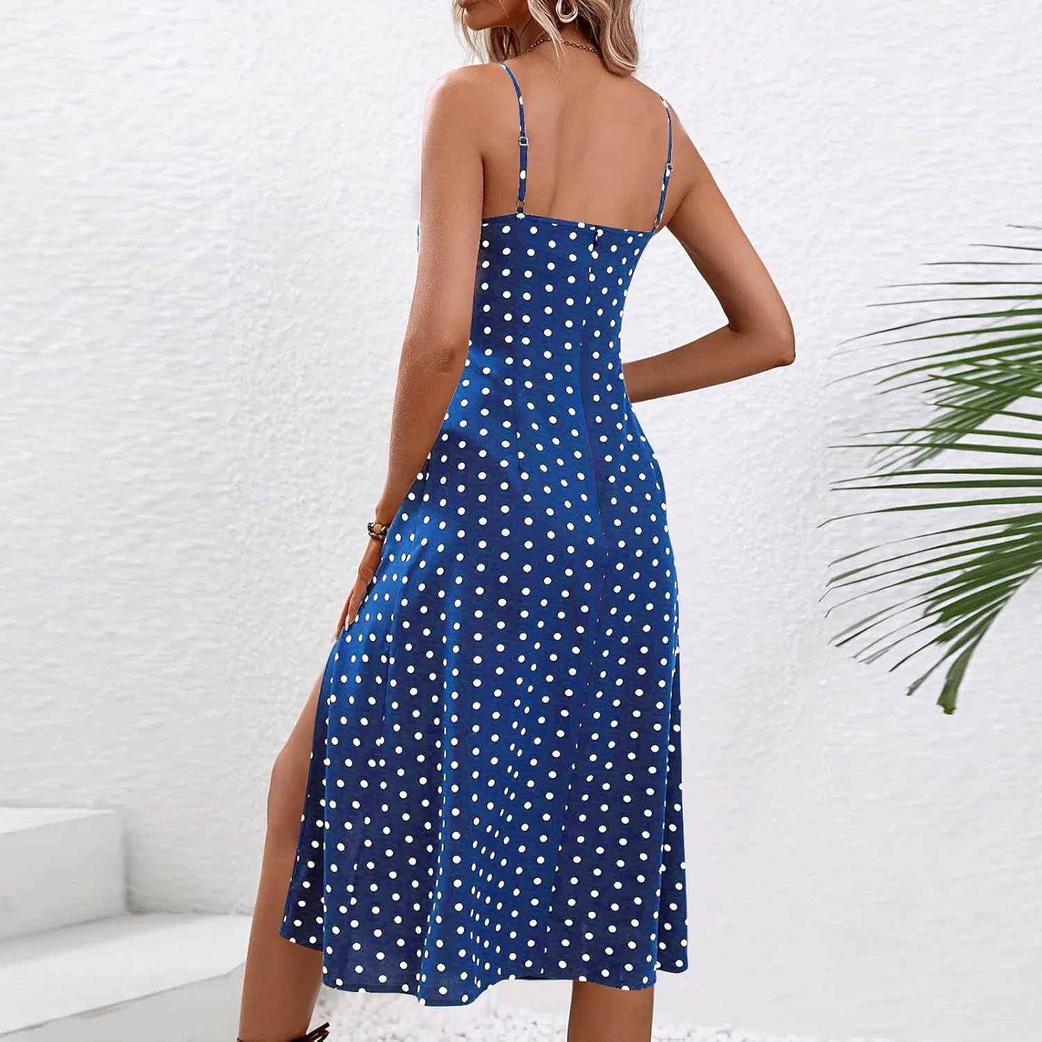 Casual Dresses for Women Summer Boho Spaghetti Strap Midi Dress Polka Dot Smocked Sleeveless Side Slit Sexy Sundress