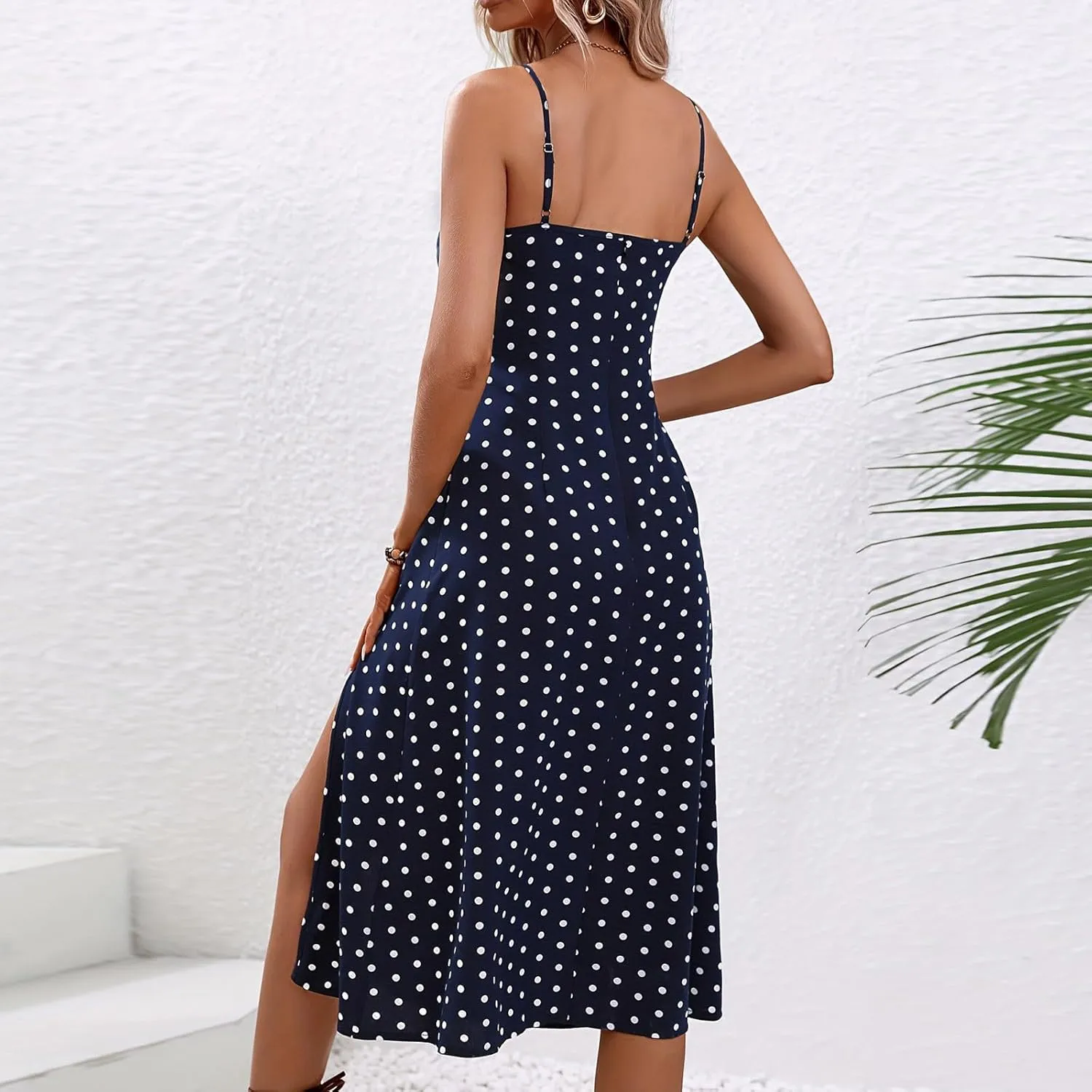 Casual Dresses for Women Summer Boho Spaghetti Strap Midi Dress Polka Dot Smocked Sleeveless Side Slit Sexy Sundress