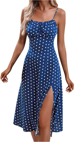 Casual Dresses for Women Summer Boho Spaghetti Strap Midi Dress Polka Dot Smocked Sleeveless Side Slit Sexy Sundress