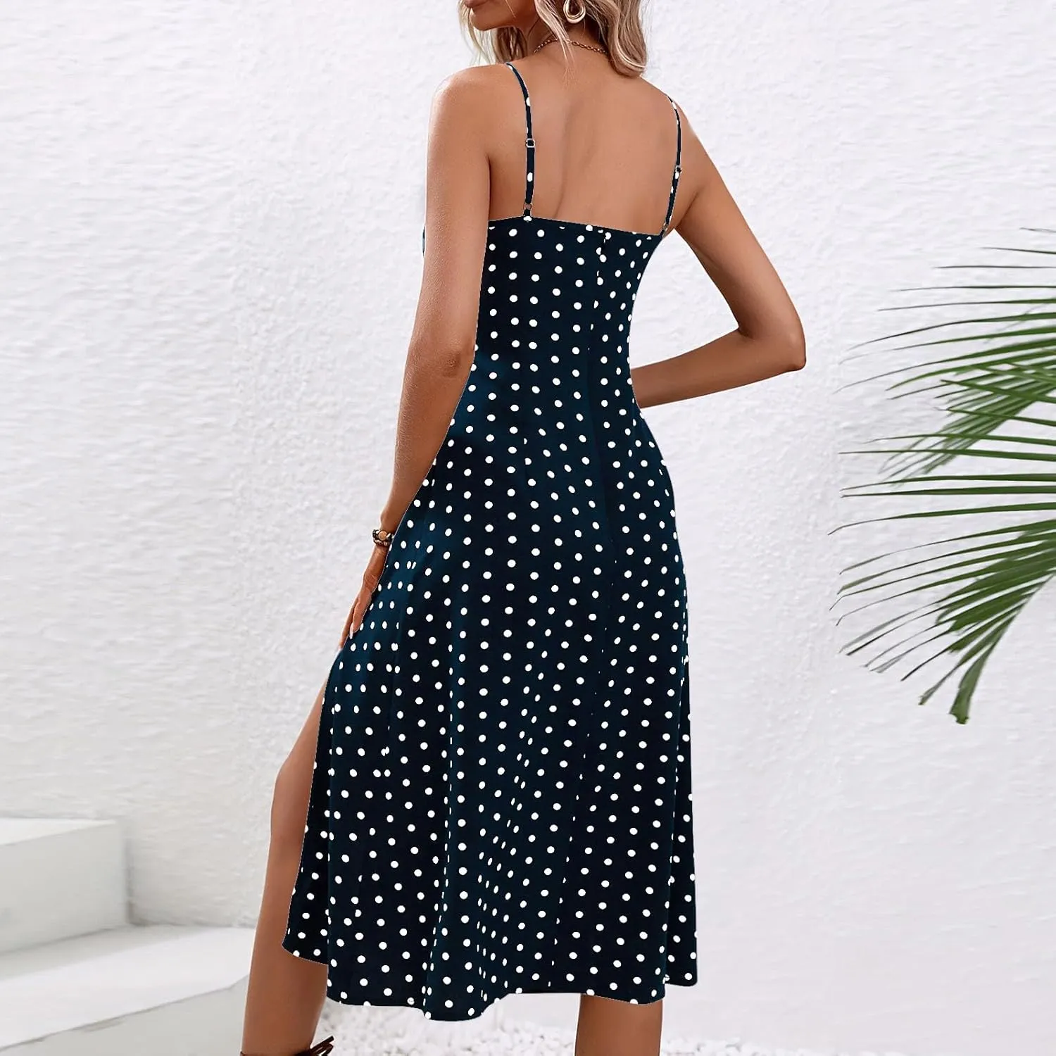 Casual Dresses for Women Summer Boho Spaghetti Strap Midi Dress Polka Dot Smocked Sleeveless Side Slit Sexy Sundress