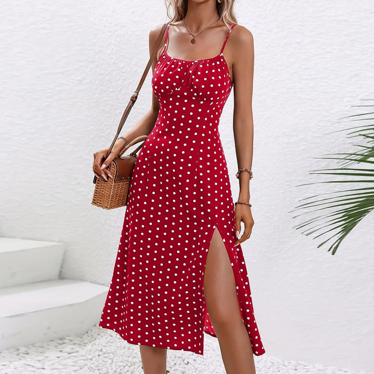 Casual Dresses for Women Summer Boho Spaghetti Strap Midi Dress Polka Dot Smocked Sleeveless Side Slit Sexy Sundress