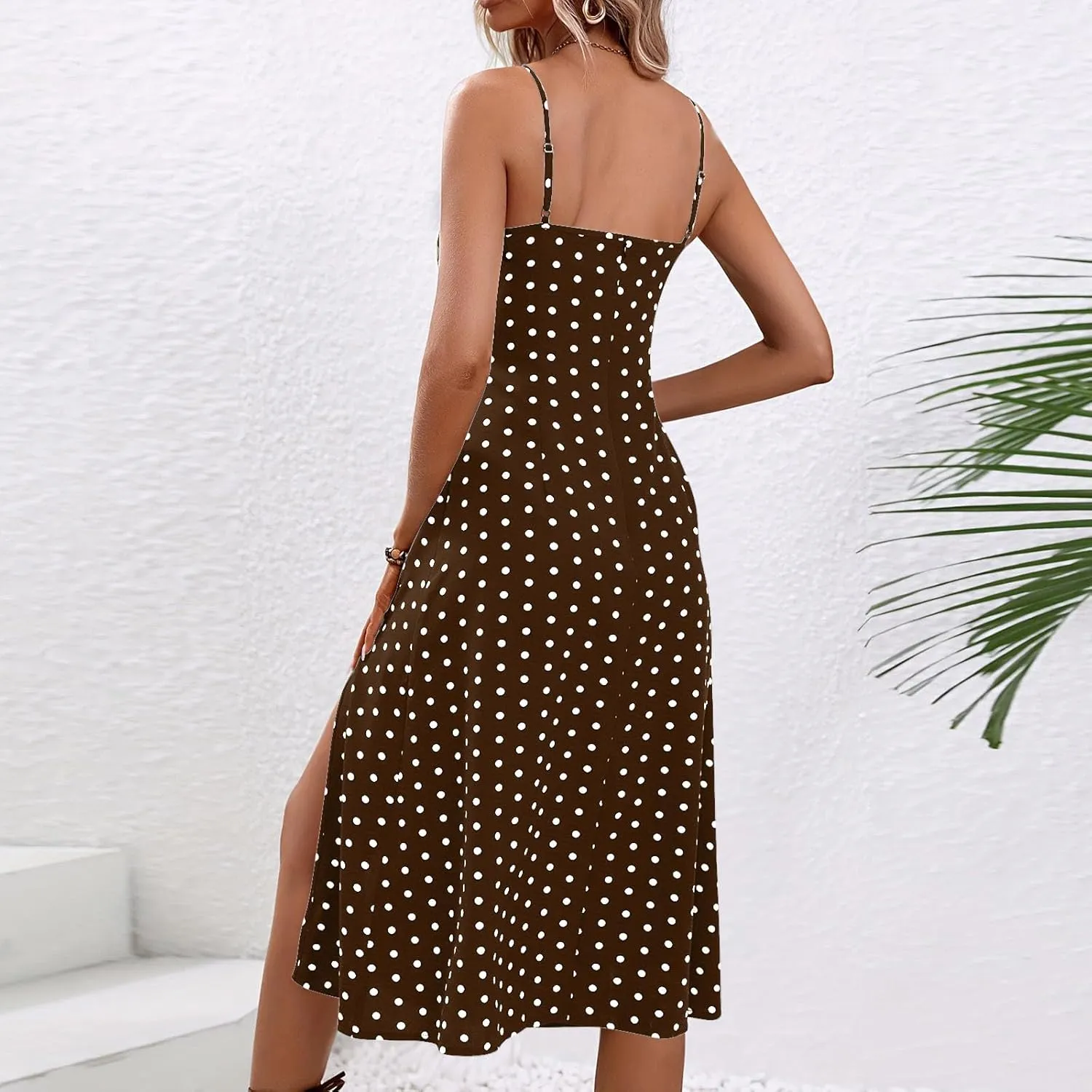 Casual Dresses for Women Summer Boho Spaghetti Strap Midi Dress Polka Dot Smocked Sleeveless Side Slit Sexy Sundress
