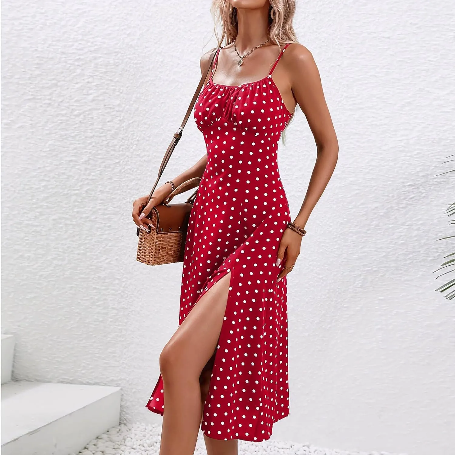 Casual Dresses for Women Summer Boho Spaghetti Strap Midi Dress Polka Dot Smocked Sleeveless Side Slit Sexy Sundress