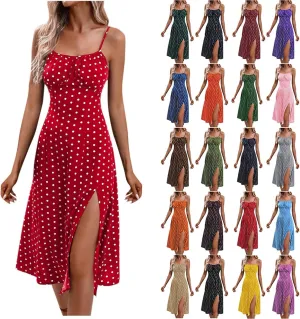 Casual Dresses for Women Summer Boho Spaghetti Strap Midi Dress Polka Dot Smocked Sleeveless Side Slit Sexy Sundress