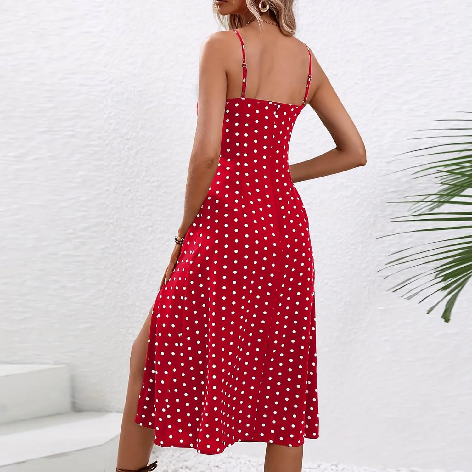 Casual Dresses for Women Summer Boho Spaghetti Strap Midi Dress Polka Dot Smocked Sleeveless Side Slit Sexy Sundress