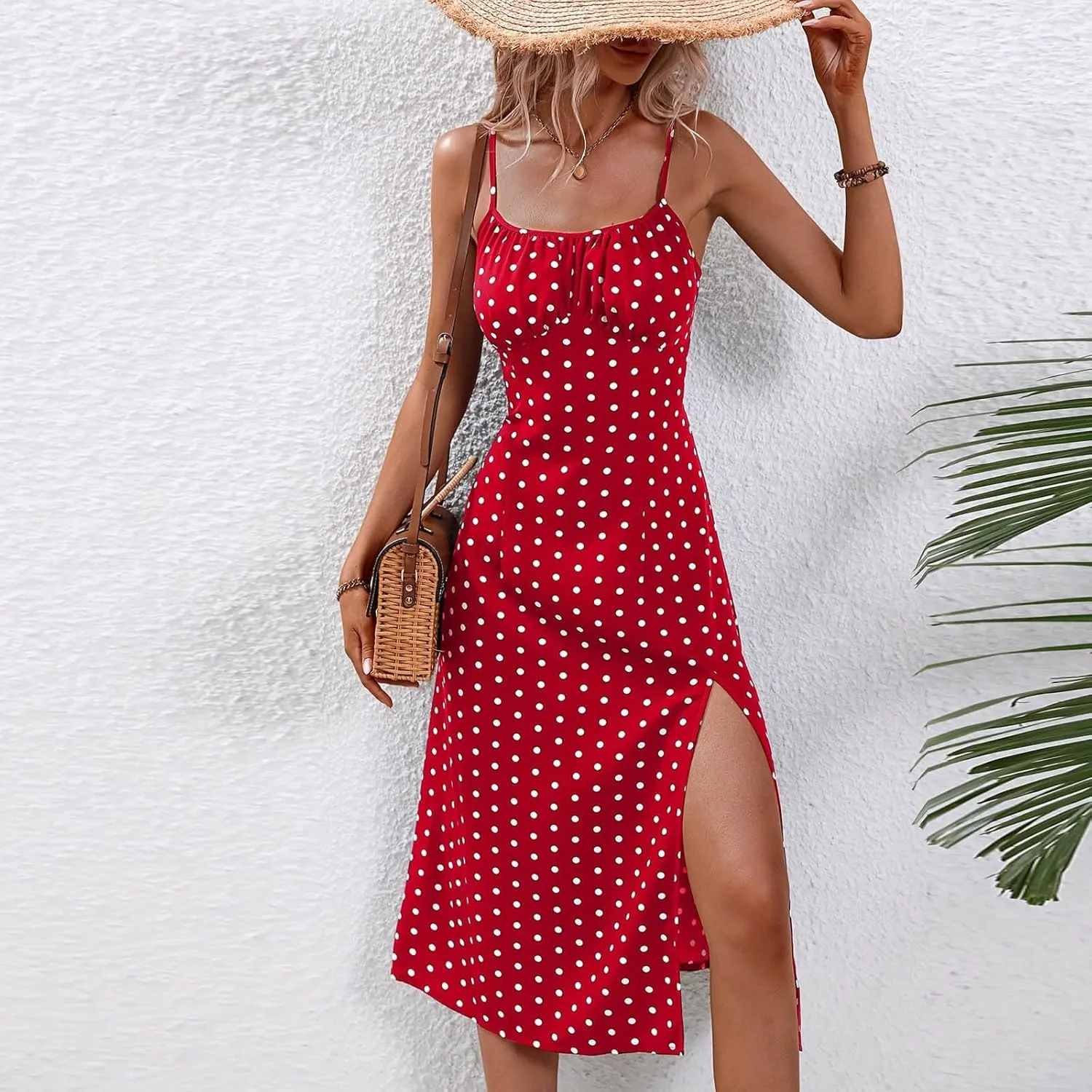 Casual Dresses for Women Summer Boho Spaghetti Strap Midi Dress Polka Dot Smocked Sleeveless Side Slit Sexy Sundress