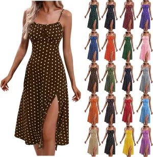 Casual Dresses for Women Summer Boho Spaghetti Strap Midi Dress Polka Dot Smocked Sleeveless Side Slit Sexy Sundress