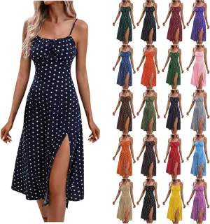 Casual Dresses for Women Summer Boho Spaghetti Strap Midi Dress Polka Dot Smocked Sleeveless Side Slit Sexy Sundress