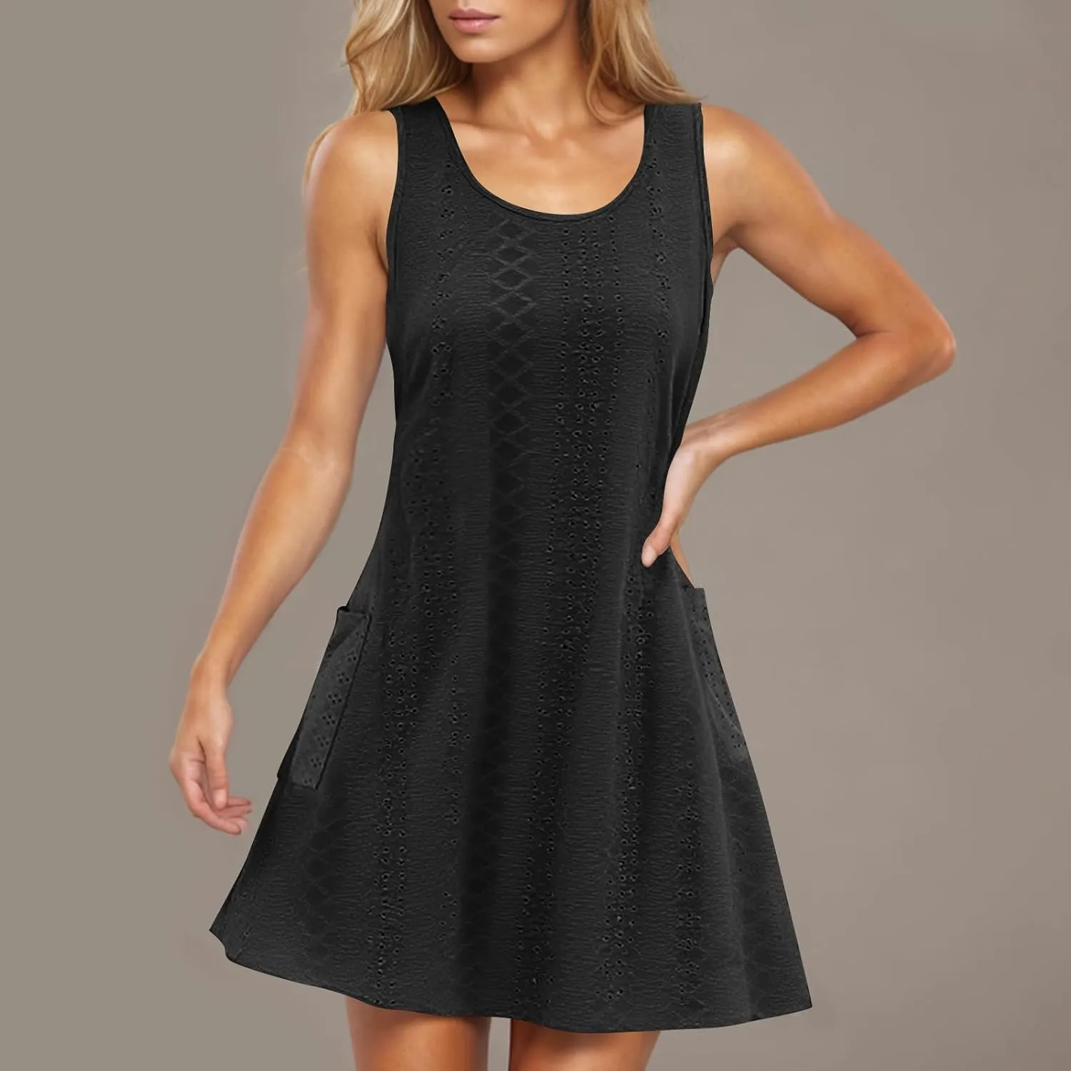 Casual Eyelet Dresses for Women Sleeveless Flowy Tank Dress with Pocket Summer Beach Sundress Vacation Outfits 2025