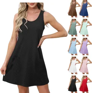 Casual Eyelet Dresses for Women Sleeveless Flowy Tank Dress with Pocket Summer Beach Sundress Vacation Outfits 2025